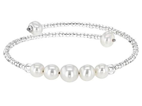 Light Multi-Color Cultured Freshwater Pearl & Glass Bead & Sterling Silver Bangle Set
