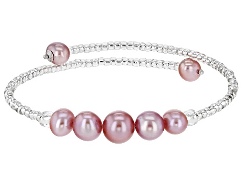 Light Multi-Color Cultured Freshwater Pearl & Glass Bead & Sterling Silver Bangle Set