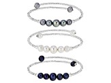 Multi-Color Cultured Freshwater Pearl With Glass Bead & Sterling Silver Bangle Set of 3