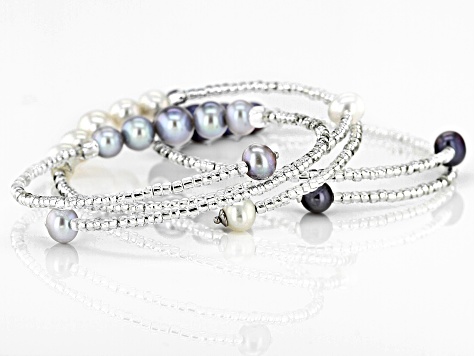 Multi-Color Cultured Freshwater Pearl With Glass Bead & Sterling Silver Bangle Set of 3