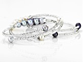 Multi-Color Cultured Freshwater Pearl With Glass Bead Stainless Steel & Silver Bangle Set of 3