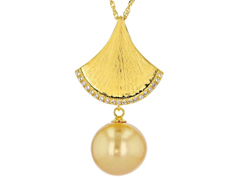 Golden Cultured South Sea Pearl & 0.25ctw White Topaz 18k Yellow Gold Over Silver Pendant With Chain