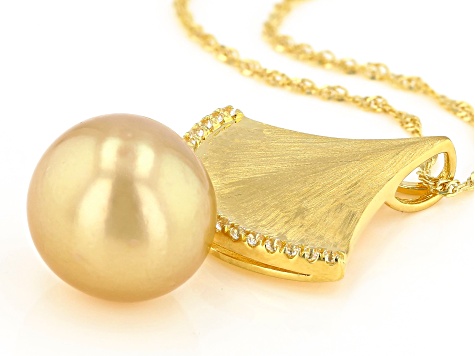 Golden Cultured South Sea Pearl & 0.25ctw White Topaz 18k Yellow Gold Over Silver Pendant With Chain