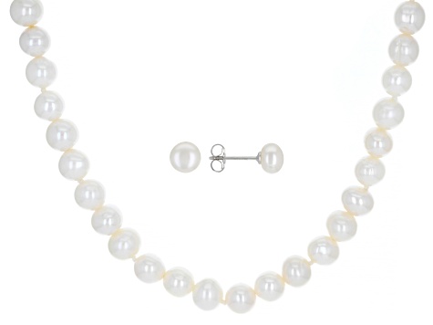 White Cultured Freshwater Pearl Rhodium Over Silver 18 Inch Necklace & Stud Earrings Set