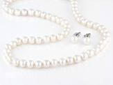 White Cultured Freshwater Pearl Rhodium Over Silver 18 Inch Necklace & Stud Earrings Set