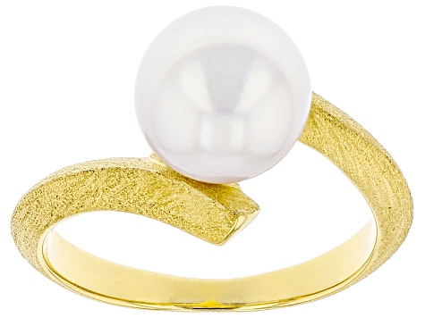 White Cultured Japanese Akoya Pearl 18k Yellow Gold Over Sterling Silver Ring