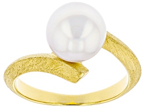 White Cultured Japanese Akoya Pearl 18k Yellow Gold Over Sterling Silver Ring