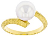 White Cultured Japanese Akoya Pearl 18k Yellow Gold Over Sterling Silver Ring