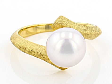 White Cultured Japanese Akoya Pearl 18k Yellow Gold Over Sterling Silver Ring