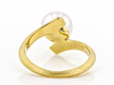 White Cultured Japanese Akoya Pearl 18k Yellow Gold Over Sterling Silver Ring