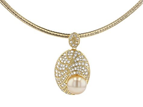 Golden Cultured South Sea Pearl & White Topaz 18k Yellow Gold Over Silver Pendant With Omega Chain