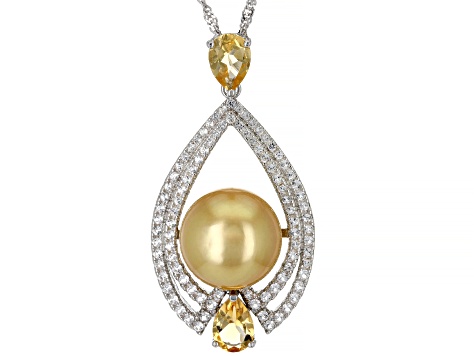Golden Cultured South Sea Pearl, Citrine, & Topaz Rhodium Over Sterling Silver Pendant