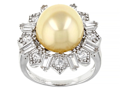 Golden Cultured South Pearl & 1.80ctw White Zircon Rhodium Over Sterling Silver Ring