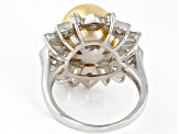 Golden Cultured South Pearl & 1.80ctw White Zircon Rhodium Over Sterling Silver Ring