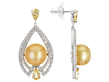 Picture of Golden Cultured South Sea Pearl, Citrine, & Topaz Rhodium Over Sterling Silver Earrings