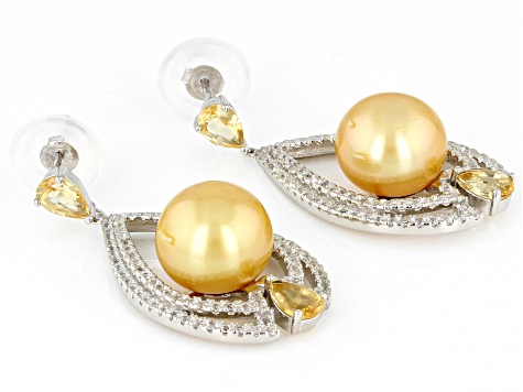 Golden Cultured South Sea Pearl, Citrine, & Topaz Rhodium Over Sterling Silver Earrings