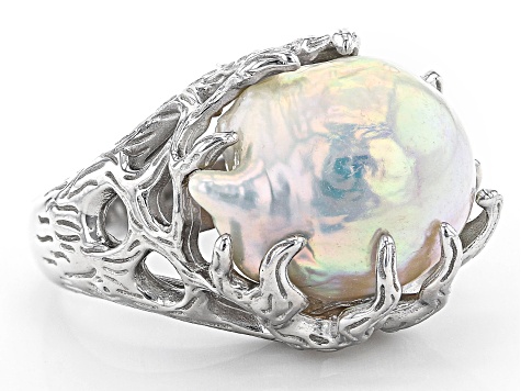 White Cultured Freshwater Pearl Rhodium Over Sterling Silver Ring