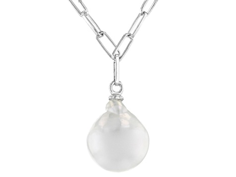 White Cultured Freshwater Pearl Rhodium Over Sterling Silver 22 Inch Necklace