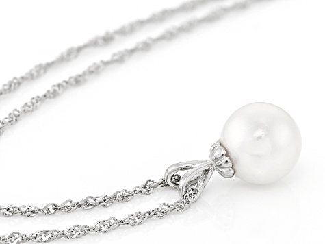 White Cultured Japanese Akoya Pearl Rhodium Over Sterling Silver Pendant With Chain