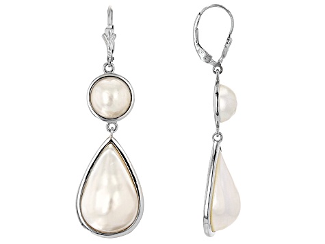 White Cultured South Sea Mabe Pearl Rhodium Over Sterling Silver Dangle Earrings