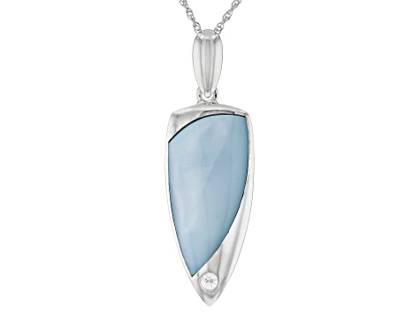 Blue South Sea Mother-of-Pearl & White Zircon Rhodium Over Sterling Silver Pendant