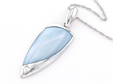 Blue South Sea Mother-of-Pearl & White Zircon Rhodium Over Sterling Silver Pendant