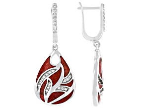 Red Sponge Coral & White Zircon Rhodium Over Sterling Silver Earrings