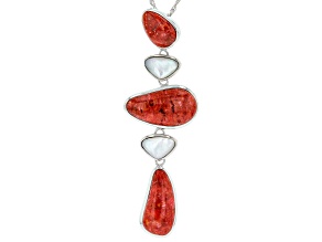 Red Sponge Coral & White South Sea Mother-of-Pearl Rhodium Over Sterling Silver Pendant With Chain
