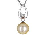 Golden Cultured South Sea Pearl & Zircon Rhodium Over Sterling Silver Pendant With Chain