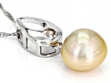 Golden Cultured South Sea Pearl & Zircon Rhodium Over Sterling Silver Pendant With Chain
