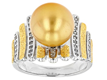 Picture of Golden Cultured South Sea Pearl & White Zircon Rhodium & 18k Yellow Gold Over Sterling Silver Ring