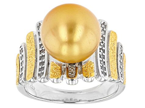 Golden Cultured South Sea Pearl & White Zircon Rhodium & 18k Yellow Gold Over Sterling Silver Ring