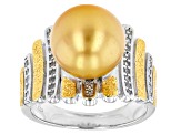 Golden Cultured South Sea Pearl & White Zircon Rhodium & 18k Yellow Gold Over Sterling Silver Ring