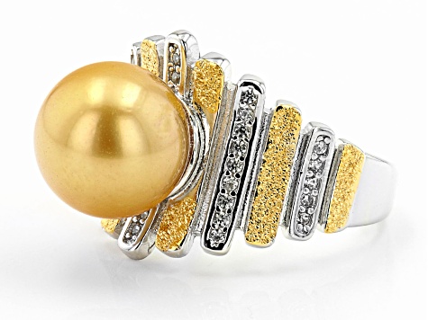 Golden Cultured South Sea Pearl & White Zircon Rhodium & 18k Yellow Gold Over Sterling Silver Ring