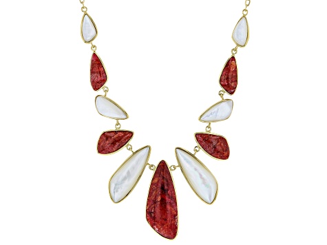 Red Sponge Coral & White South Sea Mother-of-Pearl 18k Yellow Gold Over Silver 18 Inch Necklace