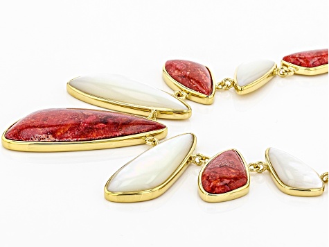 Red Sponge Coral & White South Sea Mother-of-Pearl 18k Yellow Gold Over Silver 18 Inch Necklace