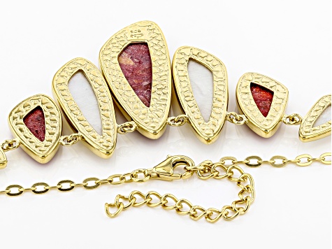 Red Sponge Coral & White South Sea Mother-of-Pearl 18k Yellow Gold Over Silver 18 Inch Necklace