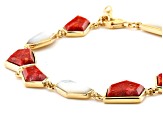 Red Sponge Coral & White South Sea Mother-of-Pearl 18k Yellow Gold Over Silver 7 Inch Bracelet