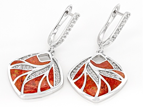 Red Sponge Coral & White Zircon Rhodium Over Sterling Silver Earrings