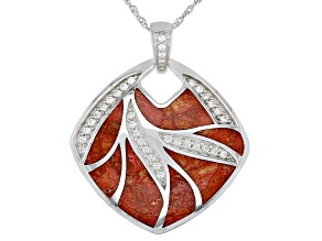 Red Sponge Coral & White Zircon Rhodium Over Sterling Silver Pendant With Chain