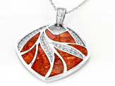 Red Sponge Coral & White Zircon Rhodium Over Sterling Silver Pendant With Chain