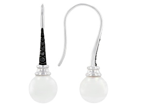 White Cultured Japanese Akoya Pearl & Black Spinel Rhodium Over Sterling Silver Earrings