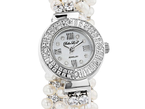 White Cultured Freshwater Pearl & Cubic Zirconia Rhodium Over Brass Wrap Watch