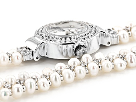 White Cultured Freshwater Pearl & Cubic Zirconia Rhodium Over Brass Wrap Watch