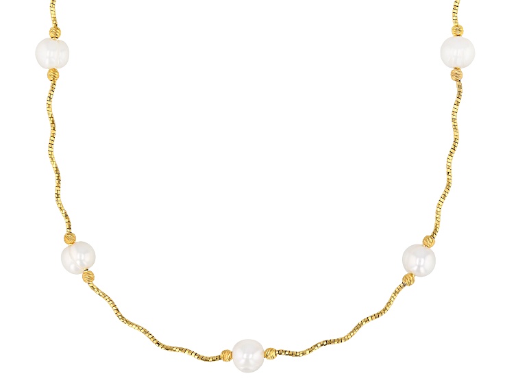White Cultured Freshwater Pearl 18k Yellow Gold Over Sterling Silver Necklace
