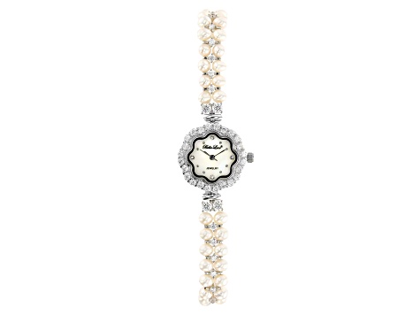 White Cultured Freshwater Pearl & Cubic Zirconia Rhodium Over Brass Wrist Watch