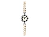 White Cultured Freshwater Pearl & Cubic Zirconia Rhodium Over Brass Wrist Watch