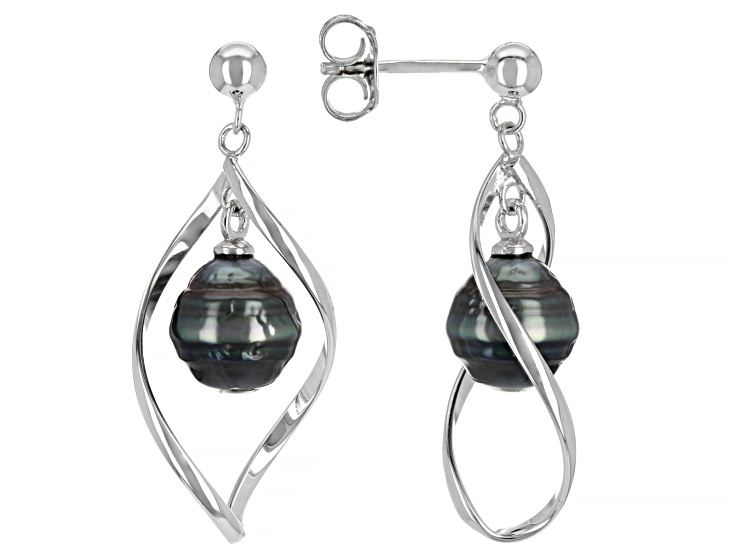 Cultured Tahitian Pearl Rhodium Over Sterling Silver Earrings