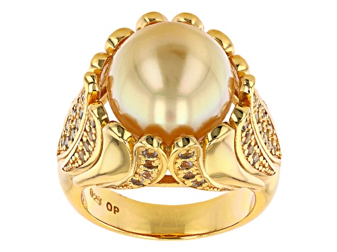 Golden Cultured South Sea Pearl & White Topaz 18k Yellow Gold Over Sterling Silver Ring