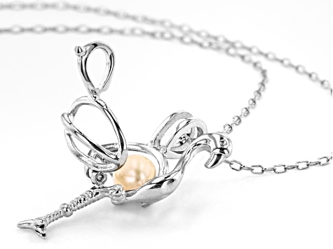 Wish® Pearl Cultured Freshwater Pearl 5-6mm Rhodium Over Silver Flamingo Cage Pendant With Chain